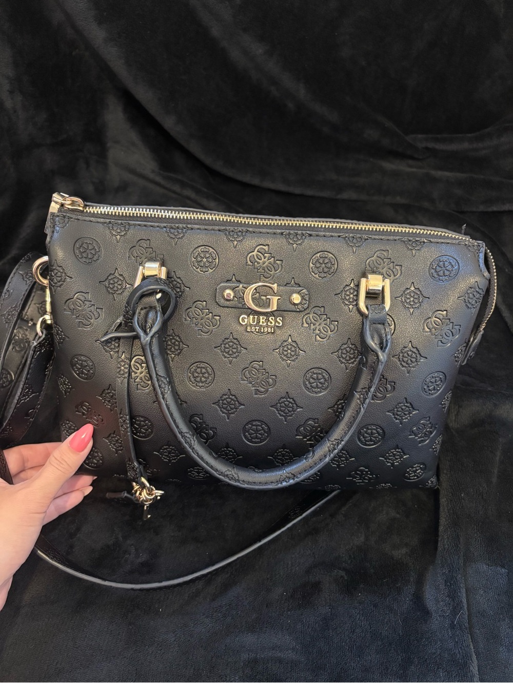 Guess Black Embossed Logo Shoulder Satchel with Gold Hardware